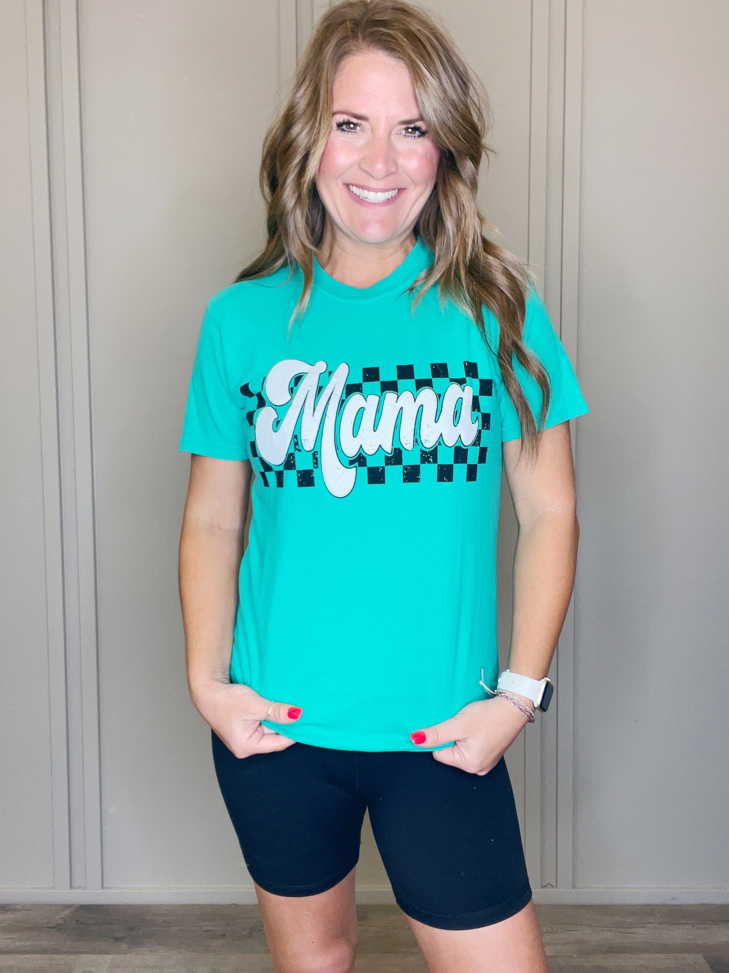 CHECKERED MAMA GREEN TEE
