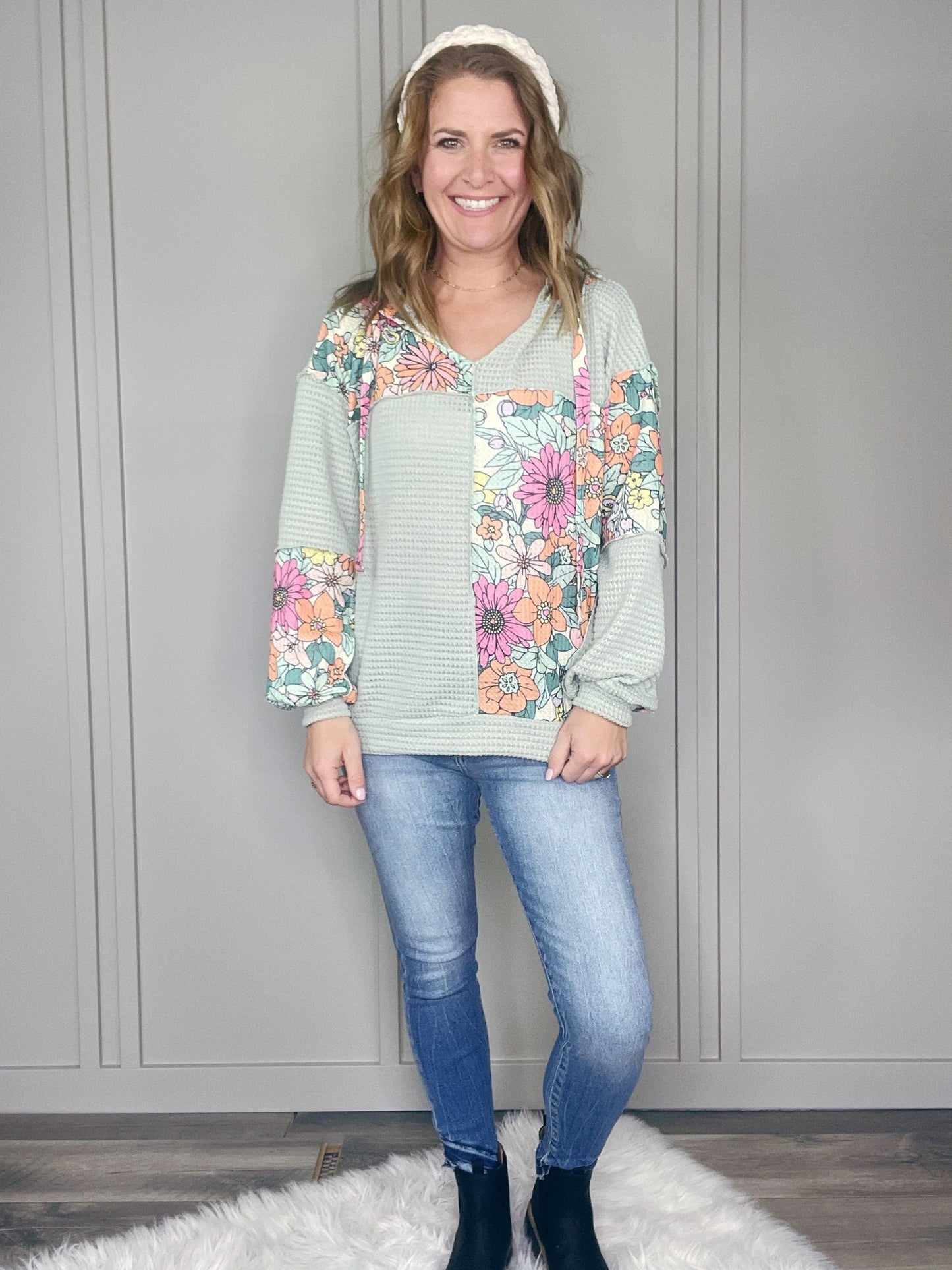 FLORAL PRINT WAFFLE HOODIE