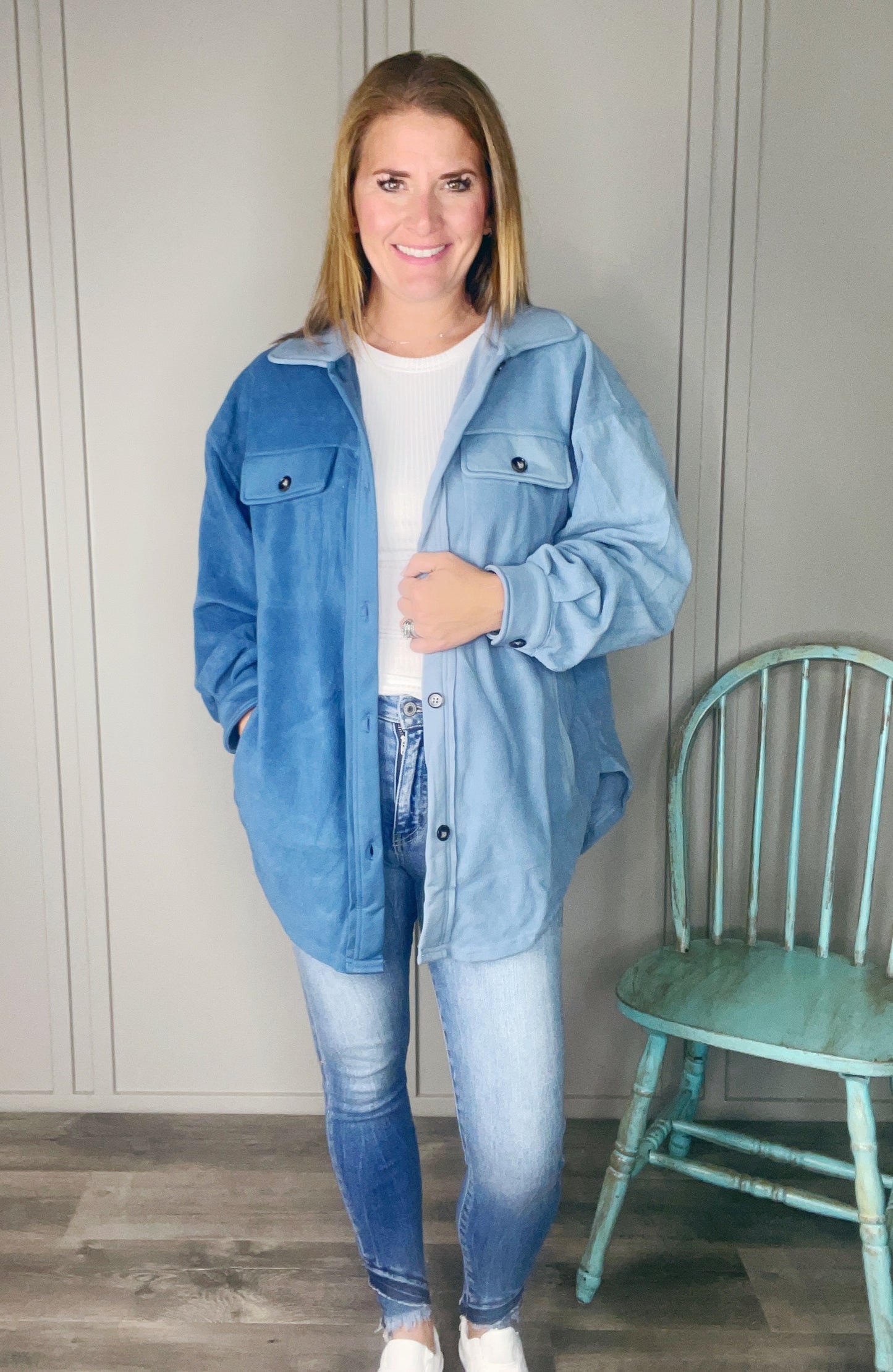 PLUSH BUTTON COLOR BLOCK SHACKET
