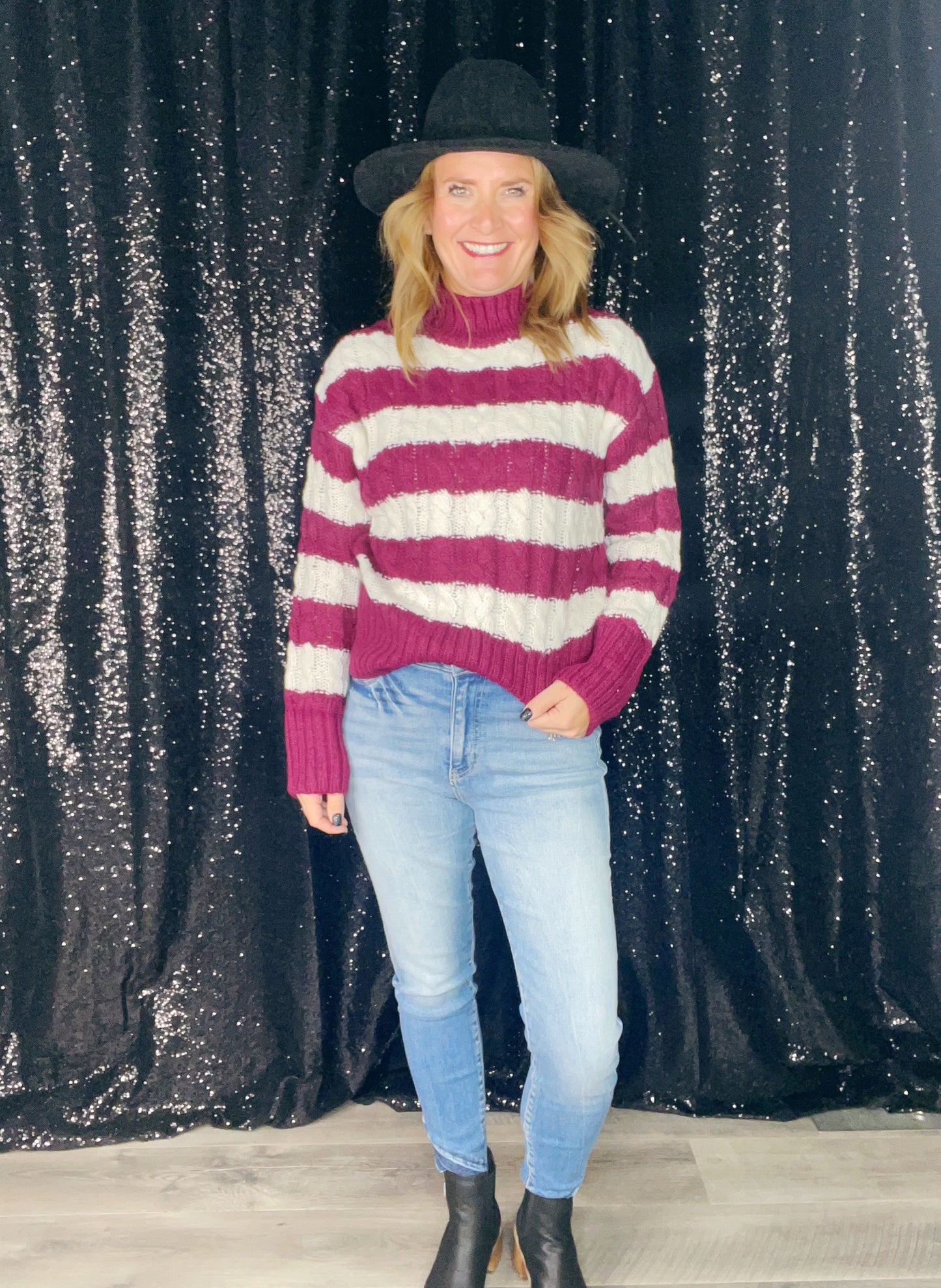 STRIPED CABLE KNIT PULLOVER SWEATER ‘BF