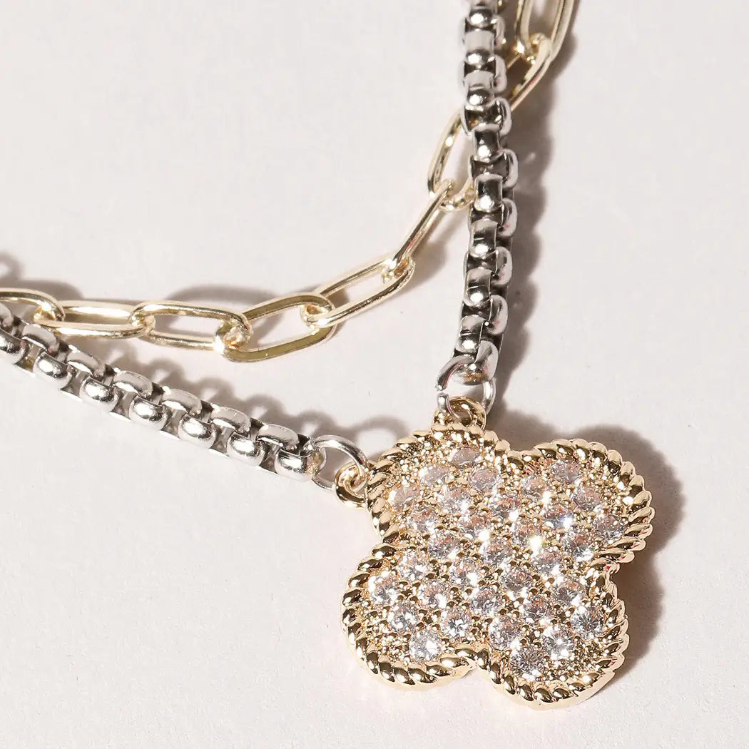 PAVE CLOVER DOUBLE CHAIN NECKLACE