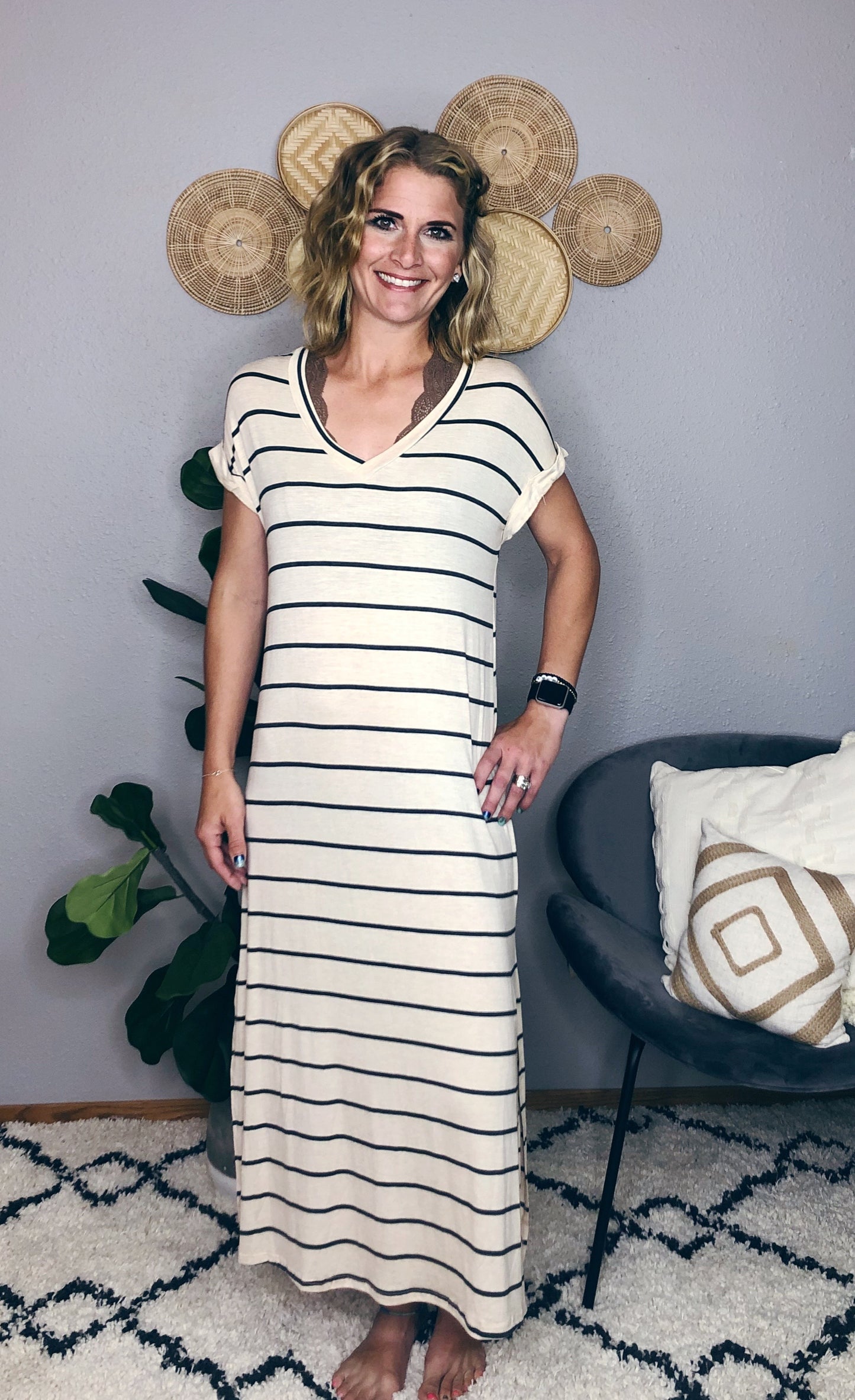 STRIPED MIDI DRESS