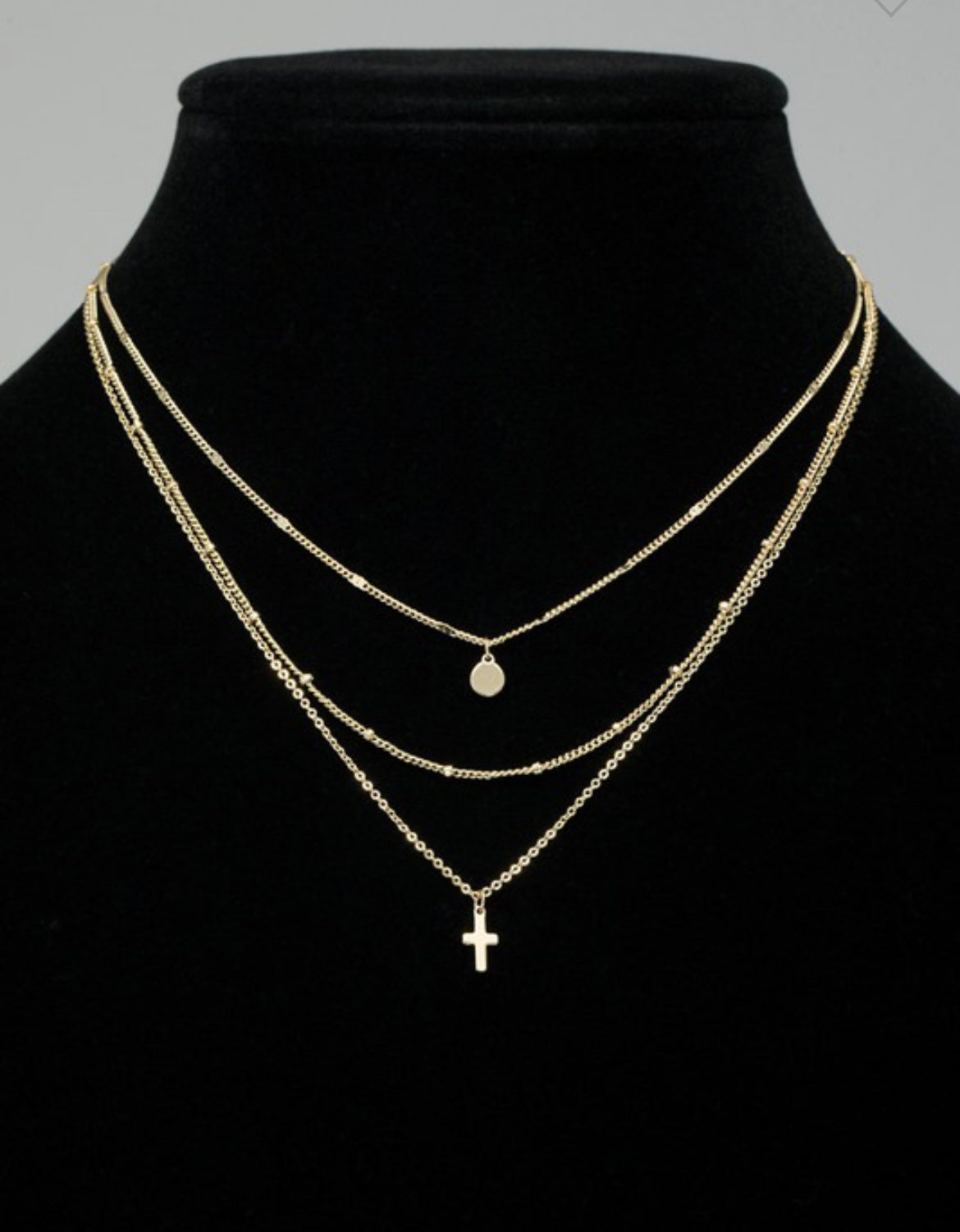 MULTI LAYER CROSS AND CIRCLE CHARM NECKLACE