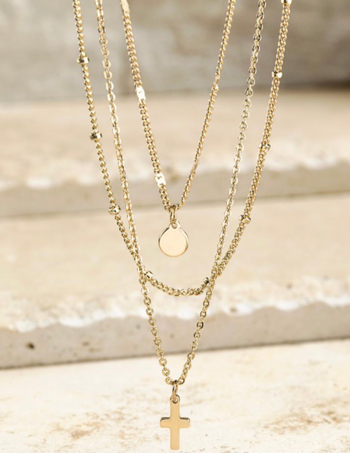 MULTI LAYER CROSS AND CIRCLE CHARM NECKLACE