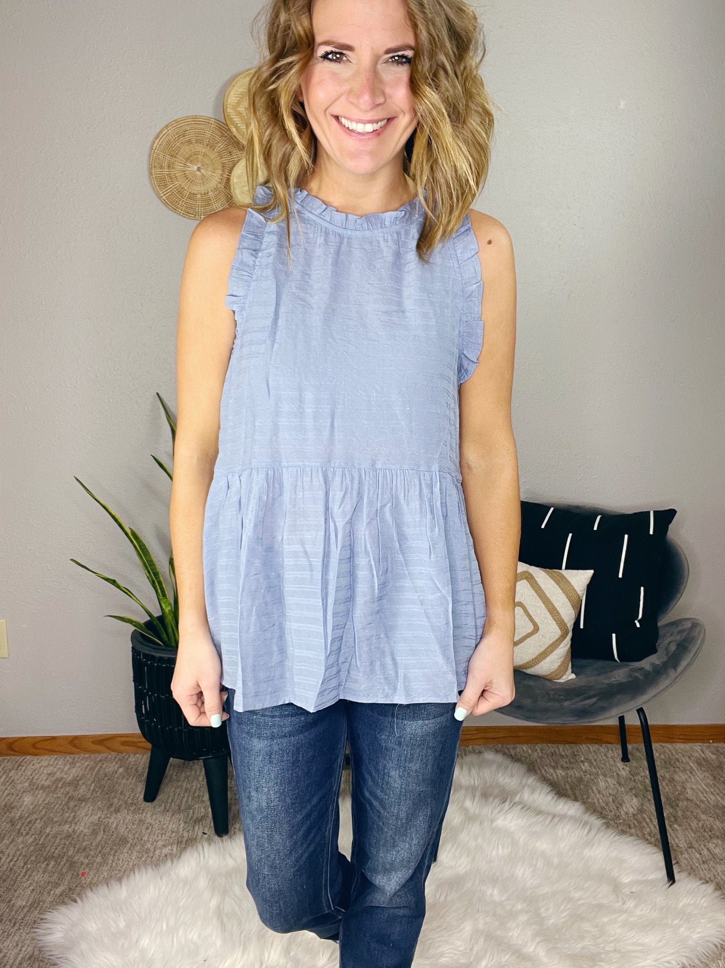 RUFFLE NECK PEPLUM BLUE TANK