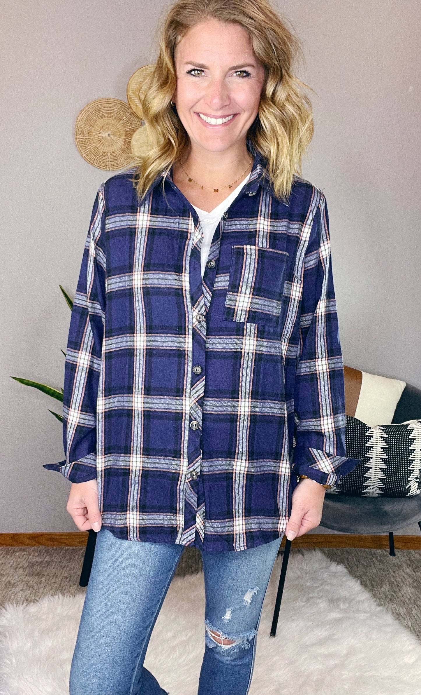 PLAID BUTTON DOWN TUNIC SHIRT
