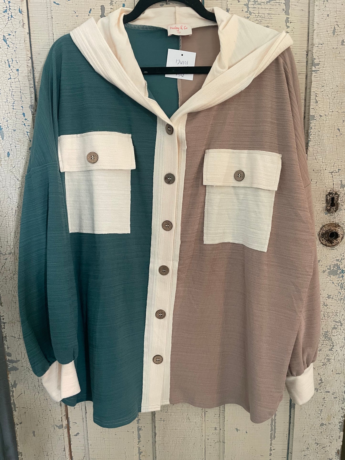 COLOR BLOCK TEAL SHACKET