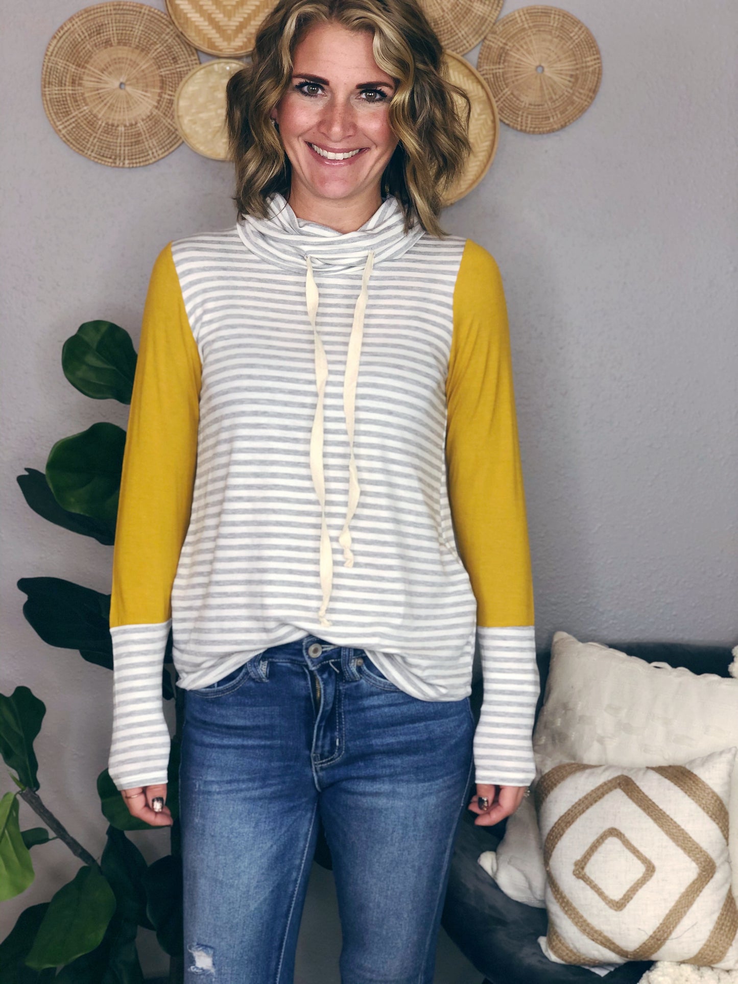 FALL STRIPE COWL NECK TOP