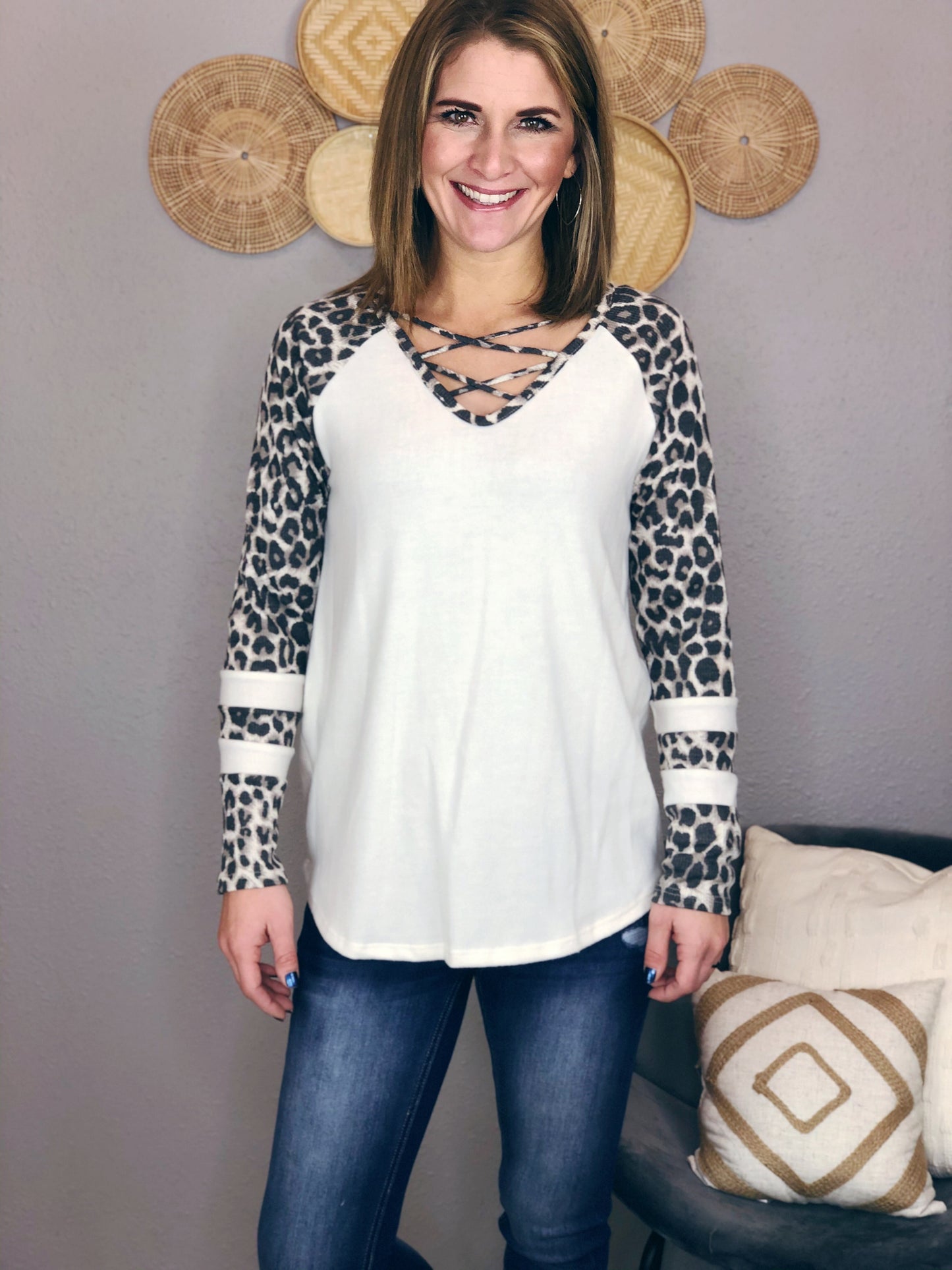 LEOPARD V CRISS CROSS STRAP TOP