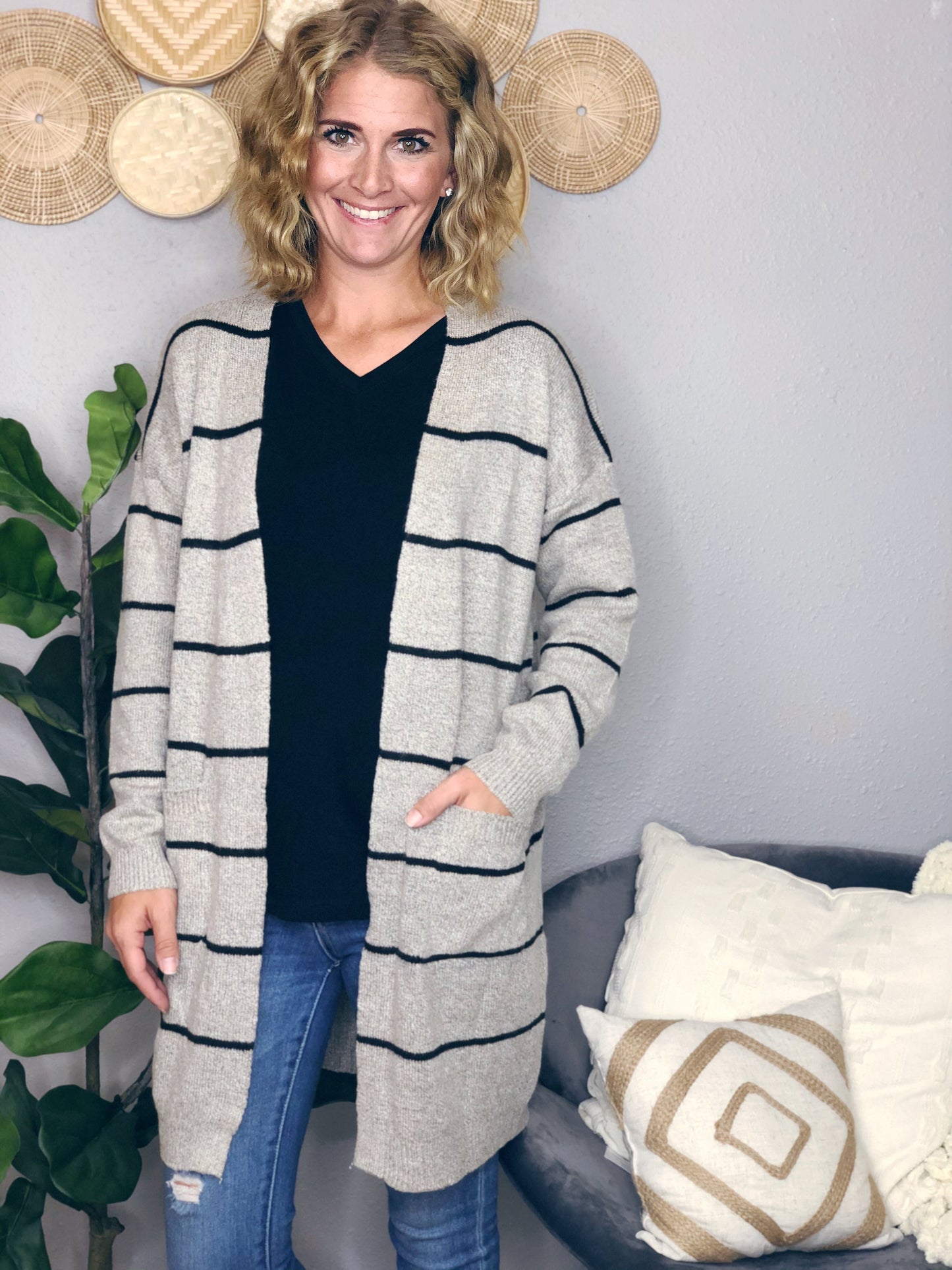 STRIPE TUNIC CARDIGAN W/ POCKETS