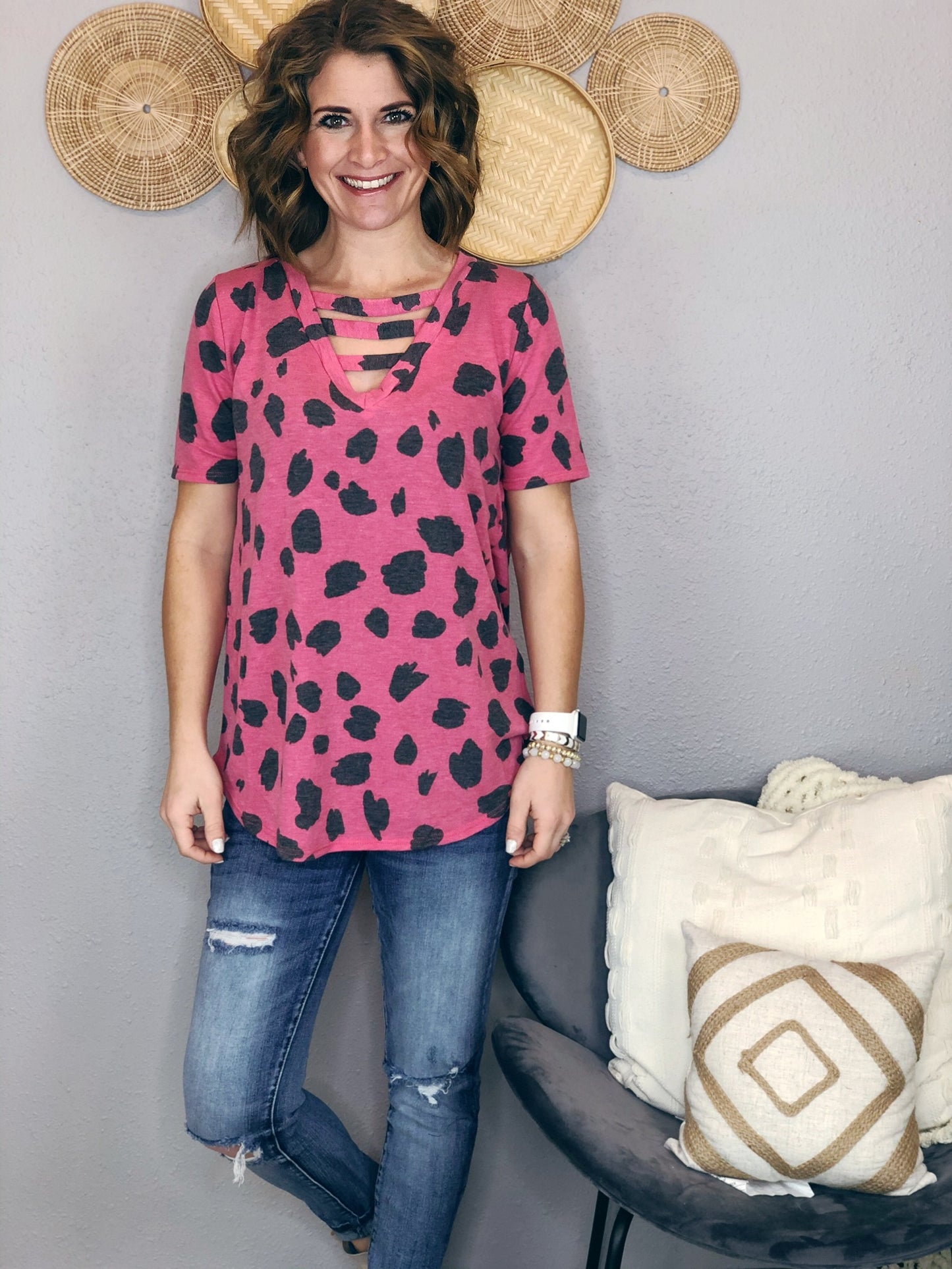DALMATION PRINT TERRY KNIT STRAP TEE