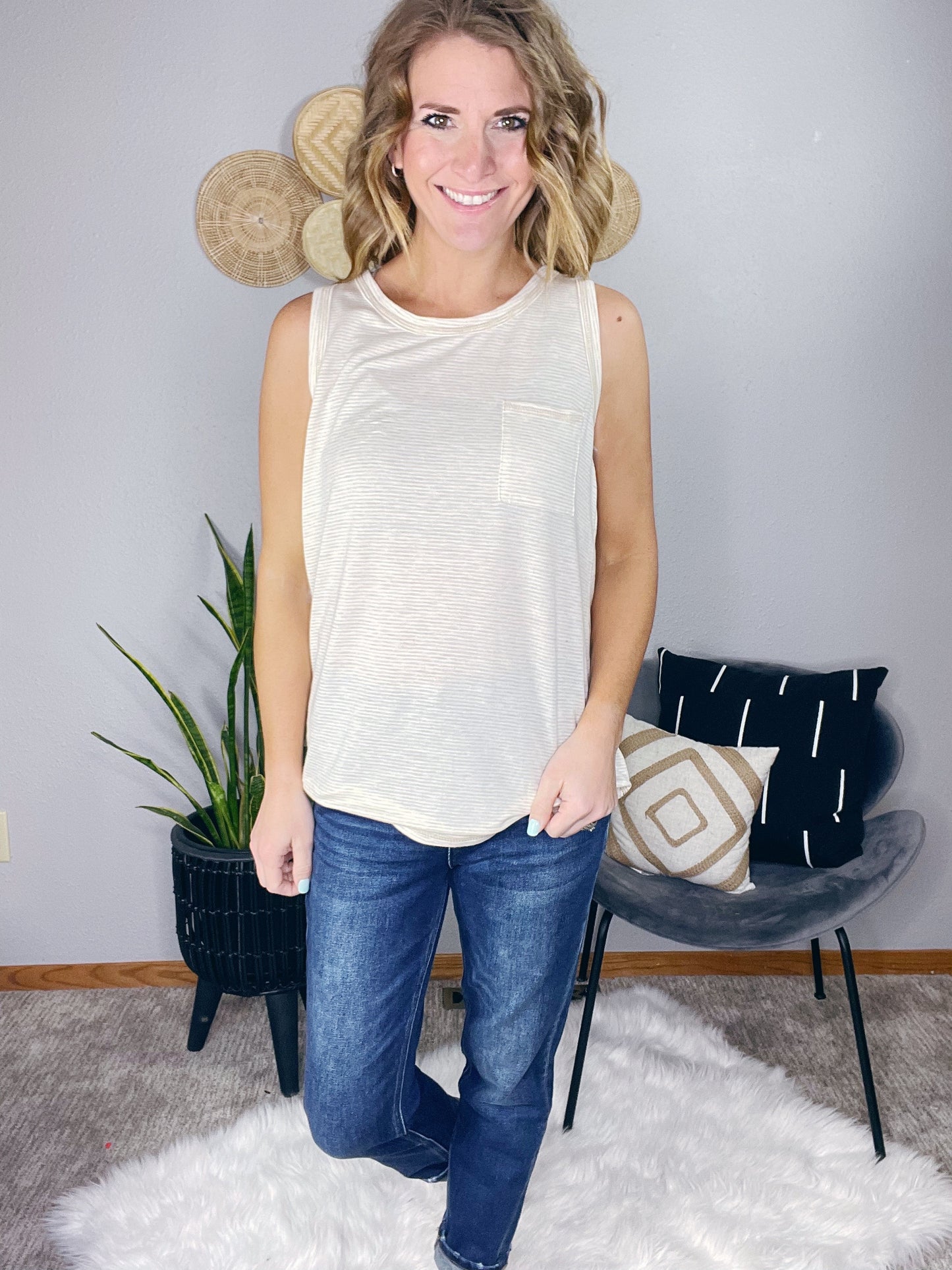 ROUND NECK CHEST POCKET STRIPED TANK