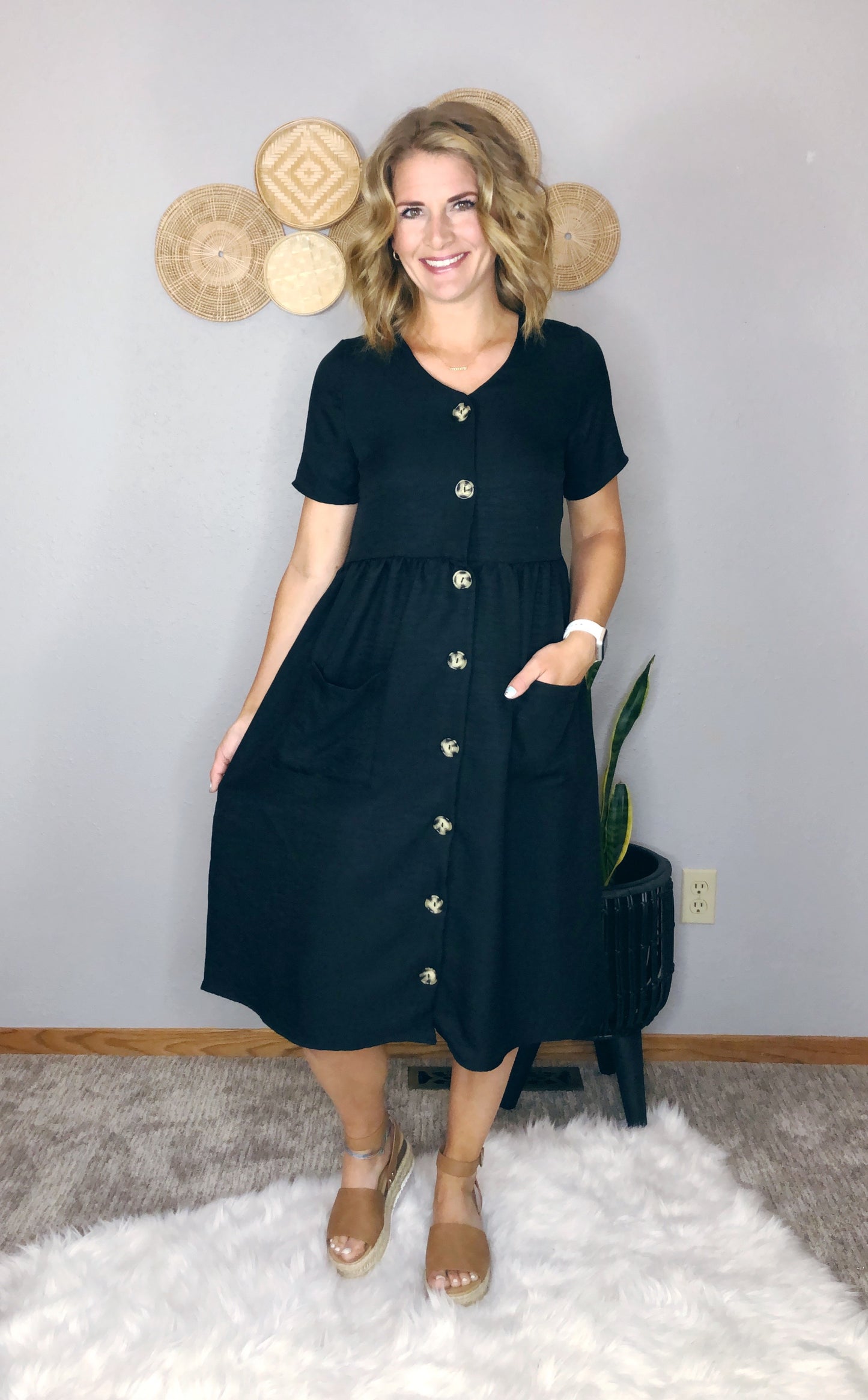 BUTTON DOWN LINEN MIDI DRESS