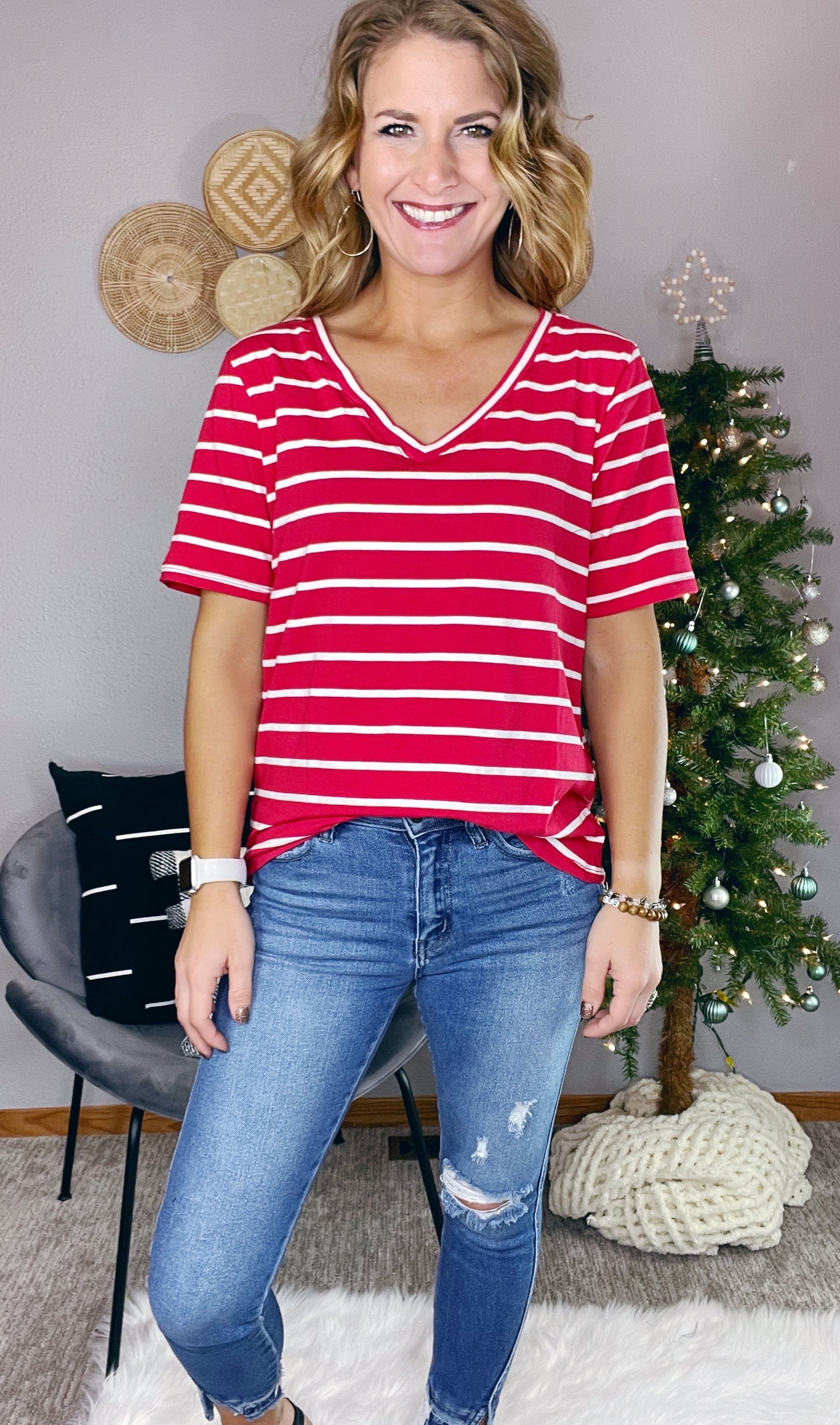 {BF}COTTON STRIPED SHORT SLEEVE V-NECK TEE