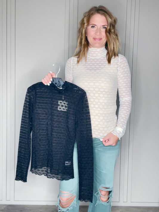 LACE FABRIC MOCK NECK LONG SLEEVE TOP