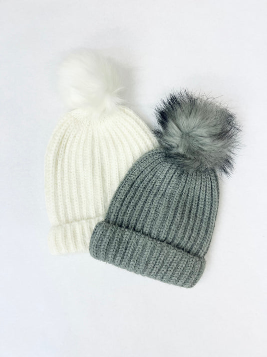 FUZZY RIBBED BEANIE W/ POM ‘BF