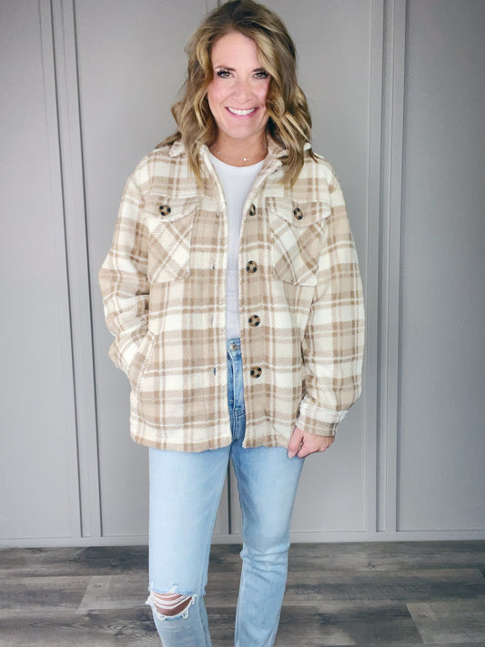 BROWN SHERPA FLEECE PLAID SHACKET