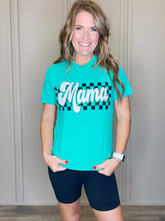 CHECKERED MAMA GREEN TEE