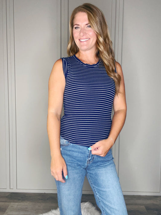 BRUSHED STRIPE RUFFLE SLEEVE TANK TOP