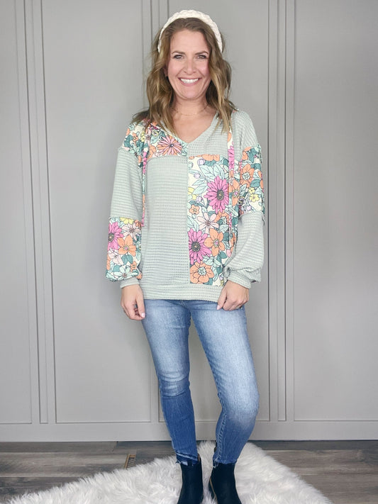 FLORAL PRINT WAFFLE HOODIE