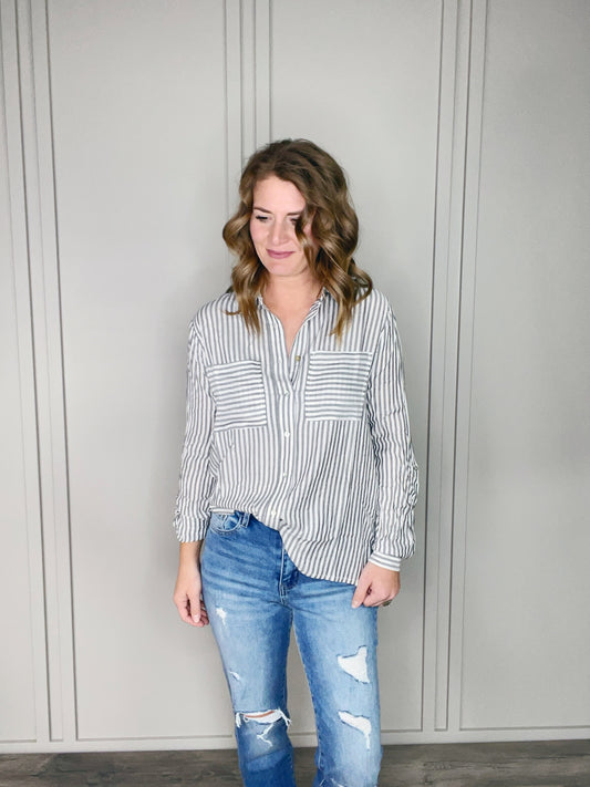 STRIPED ROLL UP LONG SLEEVE BUTTON DOWN TOP