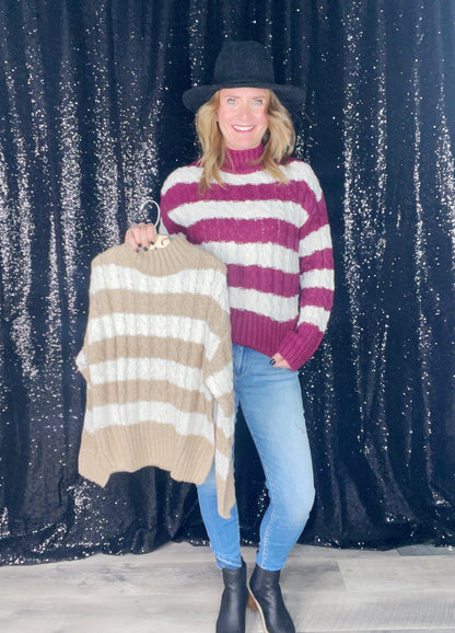 STRIPED CABLE KNIT PULLOVER SWEATER ‘BF