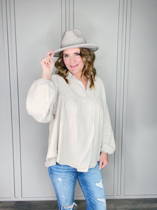 DOUBLE GAUZE BALLOON LONG SLEEVE BABYDOLL TOP