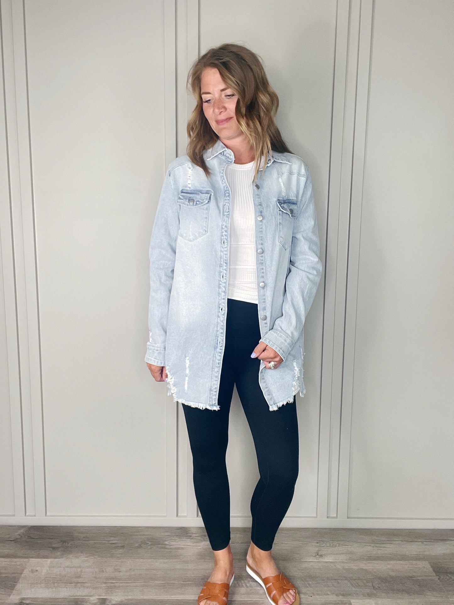 WASHED DISTRESSED DENIM LONG SHIRT