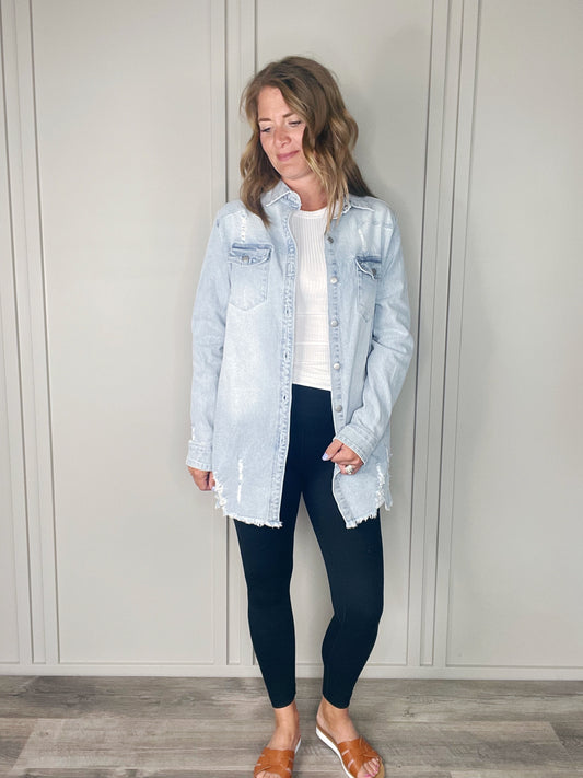 WASHED DISTRESSED DENIM LONG SHIRT