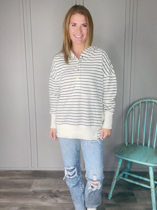 STRIPE FRENCH TERRY HALF BUTTON HOODIE