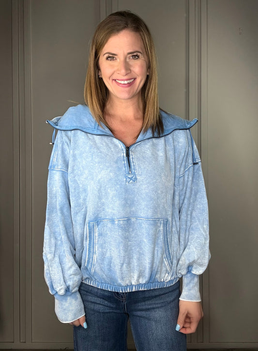 BLUE ACID WASH KANGAROO POCKET HOODIE