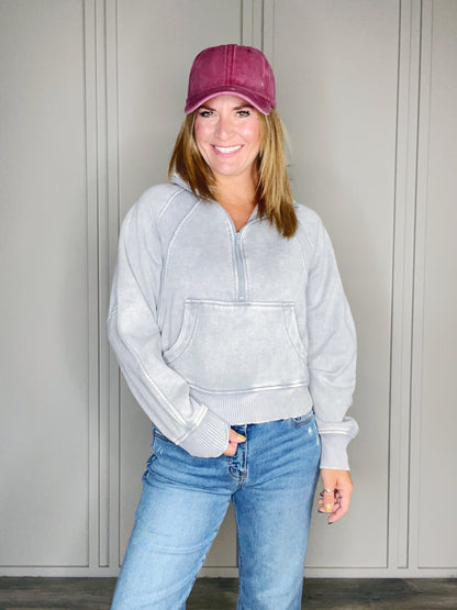 ACID WASHED HALF ZIP FLEECE PULLOVER