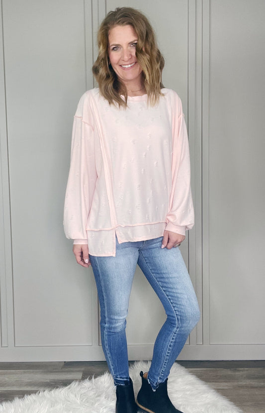 DISTRESSED KNIT OPEN SEAM STITCHED SLIT HEM TOP