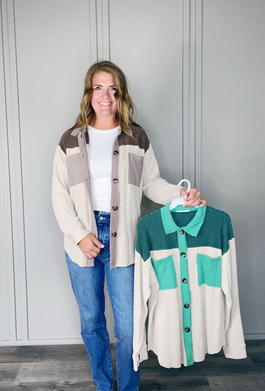 COLOR BLOCK BUTTON DOWN SHACKET