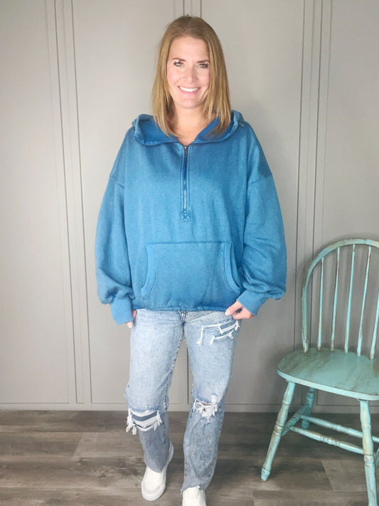 BLUE ELASTIC HEM HOODIE