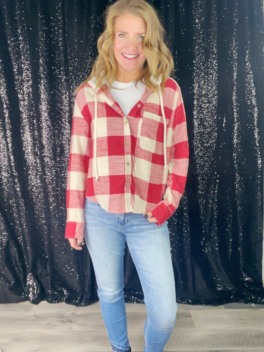 PLAID HOODED BUTTON FRONT TOP ‘BF