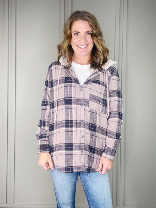 PLAID FLANNEL SHACKET WITH FLEECE HOOD