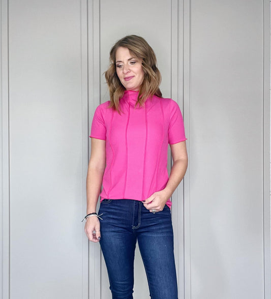 SHORT SLEEVE PINK MOCK NECK RIB TOP