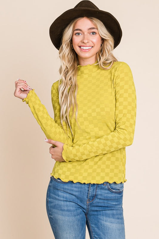 CHECKERED KNIT LONG SLEEVE TOP