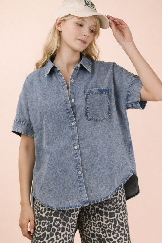 MINERAL WASHED CHAMBRAY OVERSIZED TOP
