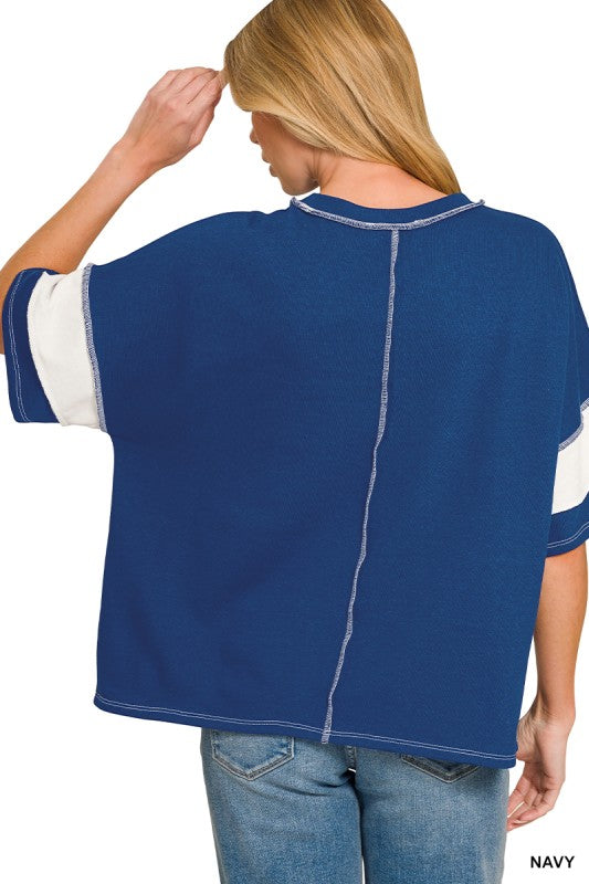 FRENCH TERRY STRIPED EXPOSED SEAM TOP