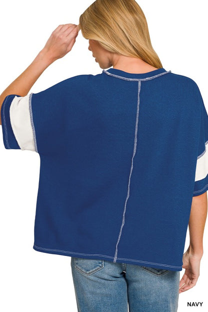 FRENCH TERRY STRIPED EXPOSED SEAM TOP