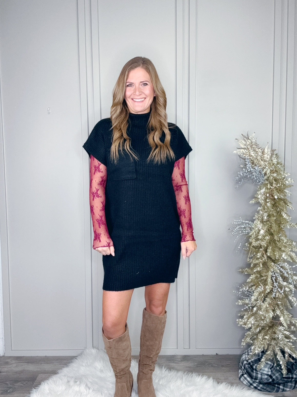 -BF-MOCK NECK SHORT SLEEVE SWEATER DRESS
