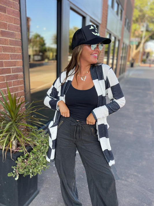 WAFFLE KNIT CHECKED CARDIGAN PRE ORDER ETA OCT 14