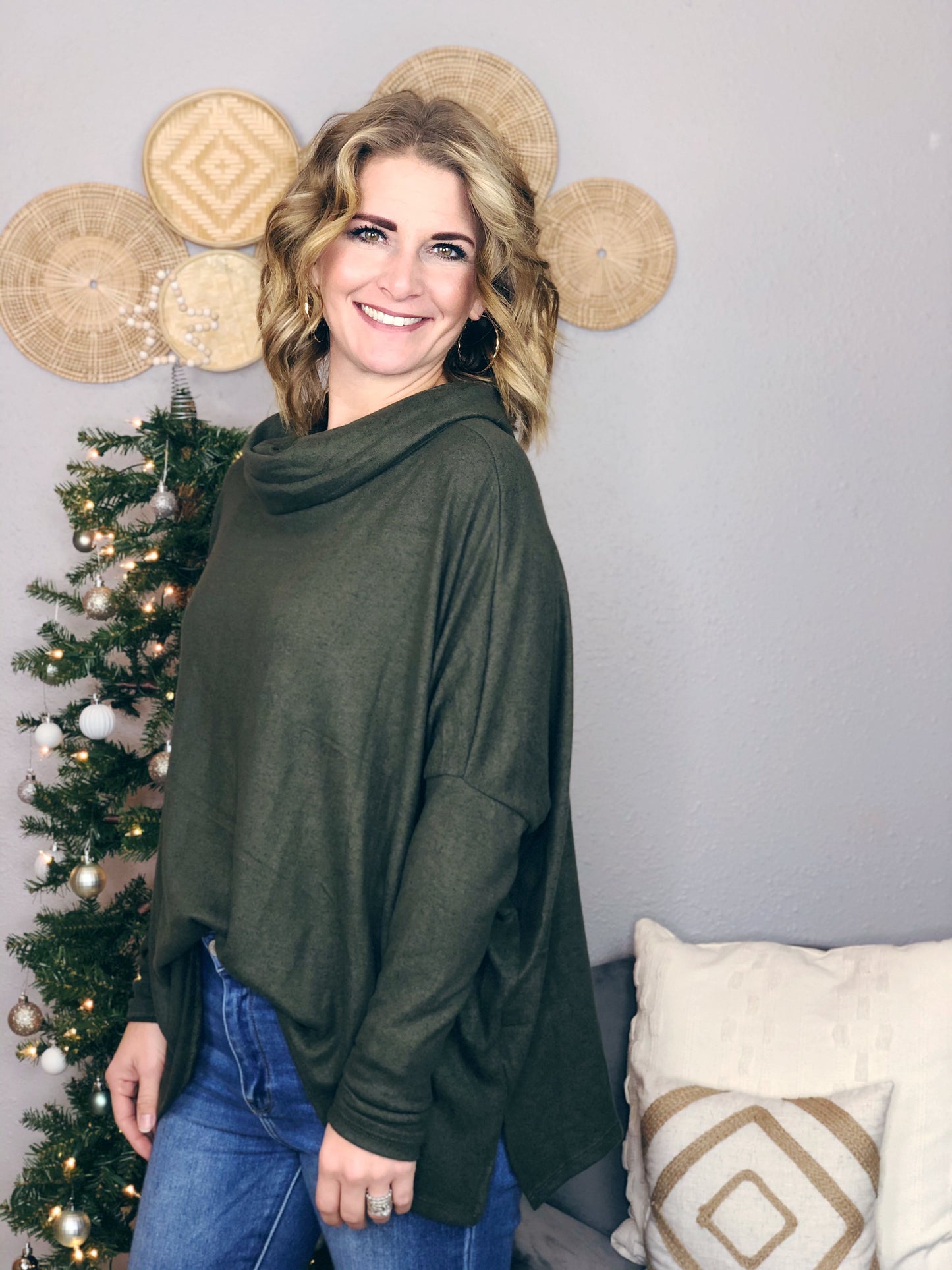 OLIVE COWL NECK LONG SLEEVE TOP