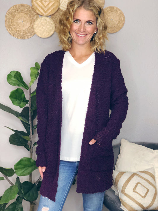 FALL PLUM POPCORN CARDIGAN