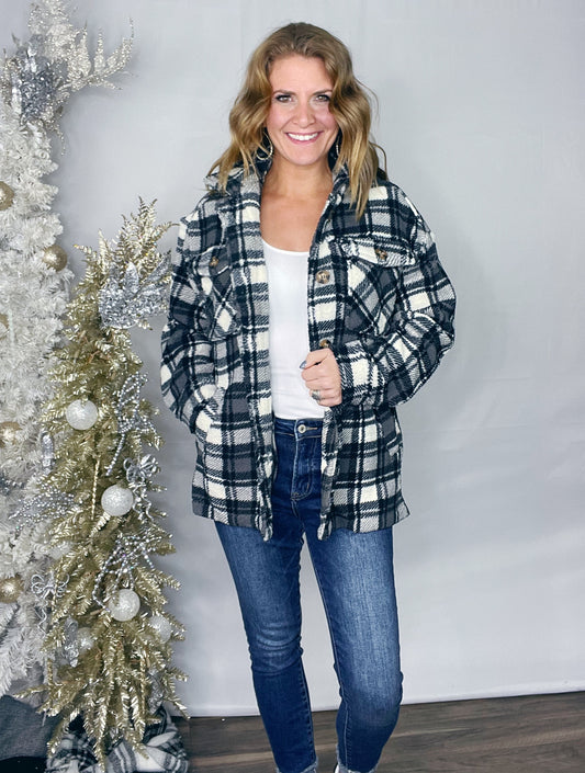BF {22} SHERPA FLEECE PLAID SHACKET