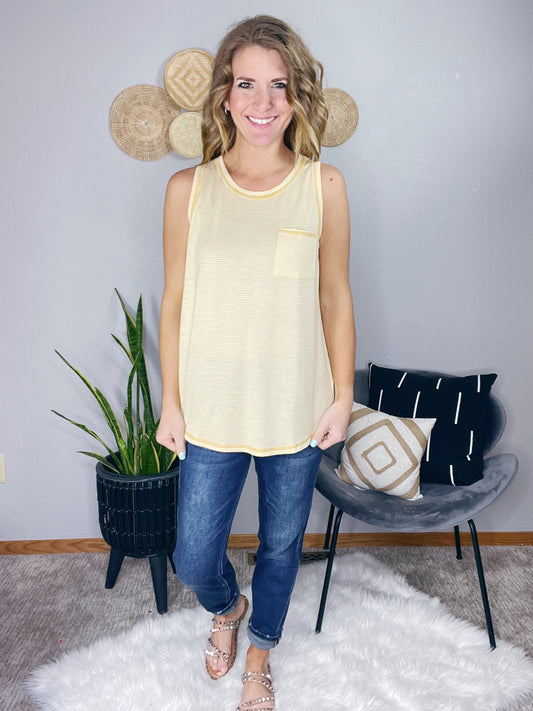 ROUND NECK CHEST POCKET STRIPED TANK