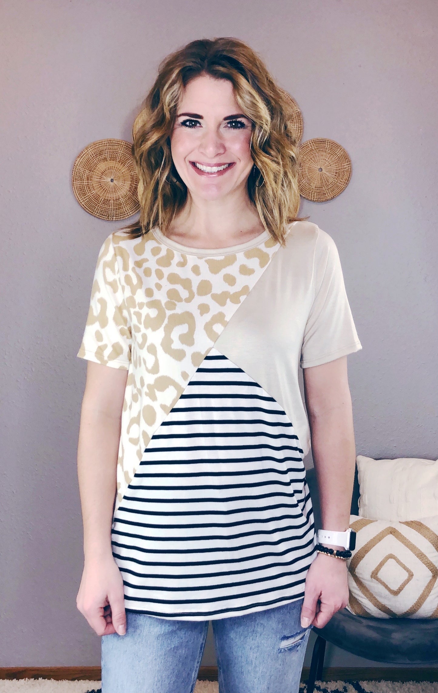 LEOPARD + STRIPES COLOR BLOCK TEE