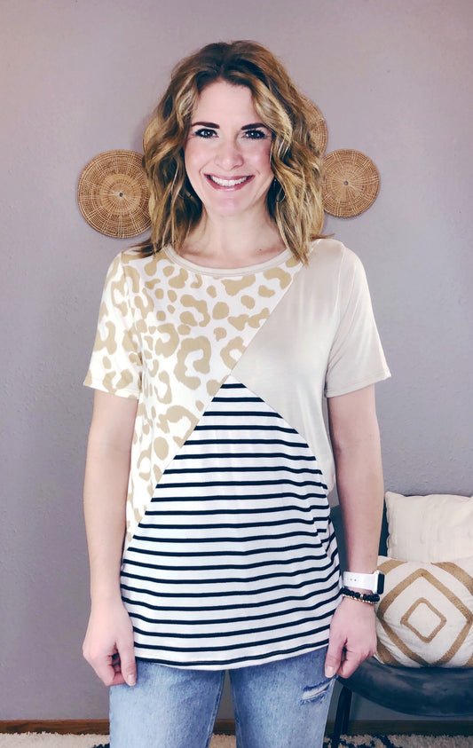 LEOPARD + STRIPES COLOR BLOCK TEE